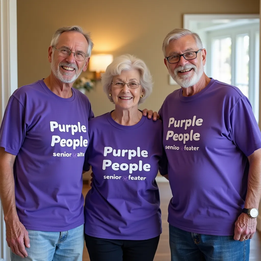 Three senior citizens smiling as they support Veracity Senior Access Center by wearing purple tshirts that say "Purple People"